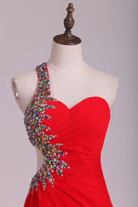 2024 One Shoulder Sheath Prom Dresses Red Chiffon With Beads And Slit