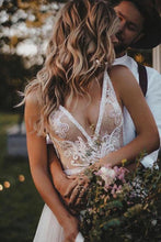 Load image into Gallery viewer, Deep V Neck Sleeveless A Line Lace Wedding Dress With Appliques, Tulle Bridal Dress