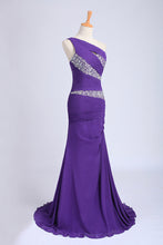 Load image into Gallery viewer, 2022 One Shoulder Mermaid Court Train Chiffon Prom Dresses