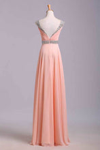 Load image into Gallery viewer, Simple Prom Dresses With Cap Sleeves A-Line V-Neck Floor-Length Chiffon Zipper Back