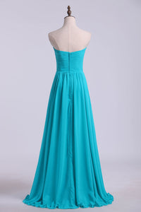 2022 Sweetheart Neckline With Beads Pleated Bodice Floor Length Flowing Chiffon Skirt