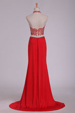 Load image into Gallery viewer, 2024 Prom Dresses See-Through High Neck Two Pieces Spandex With Slit And Beading