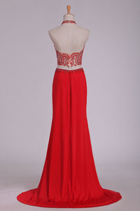 2024 Prom Dresses See-Through High Neck Two Pieces Spandex With Slit And Beading