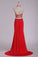 2024 Prom Dresses See-Through High Neck Two Pieces Spandex With Slit And Beading