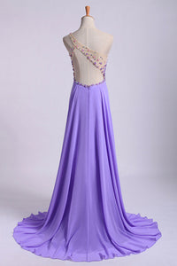 2022 Romantic Prom Dresses A Line One Shoulder With Beadings Tulle And Chiffon Sweep Train