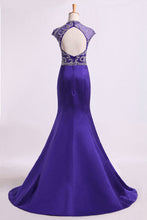 Load image into Gallery viewer, 2022 High Neck Mermaid Prom Dresses Beaded Bodice With Ruffles Satin