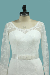 2024 Scoop Long Sleeves Lace Wedding Dresses With Applique And Sash Court Train