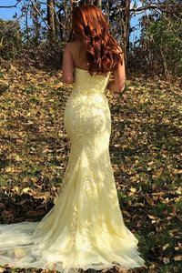 Mermaid Strapless Appliques Prom Dresses With Slit, Evening Dresses