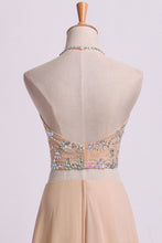 Load image into Gallery viewer, 2024 Sexy Prom Dresses Halter Two Pieces A Line With Flowing Chiffon Skirt Beaded