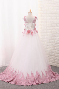 2022 Scoop A Line Tulle Flower Girl Dresses With Applique And Handmade Flowers