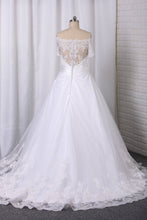 Load image into Gallery viewer, 2022 A Line Boat Neck Wedding Dresses Short Sleeves Tulle With Applique Chapel Train