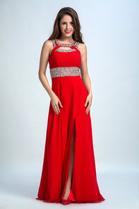 2022 Sexy Prom Dresses A Line Scoop Sweep/Brush Red Open Back