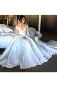 2024 Scoop Long Sleeves Lace With Slit Wedding Dresses Chapel Train Detachable