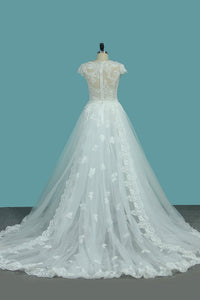 2022 Scoop Tulle Mermaid Wedding Dresses With Applique Royal Train Detachable