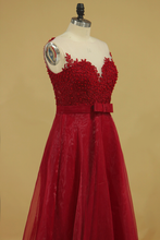Load image into Gallery viewer, 2022 Burgundy/Maroon Prom Dresses Scoop A Line With Sash And Applique