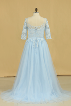 Load image into Gallery viewer, 2022 Mother Of The Bride Dresses A Line Bateau Tulle With Applique And Sash Sweep Train Plus Size Light Sky Blue