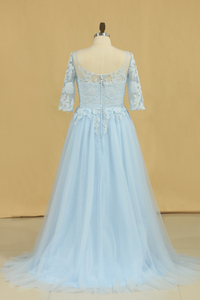 2022 Mother Of The Bride Dresses A Line Bateau Tulle With Applique And Sash Sweep Train Plus Size Light Sky Blue