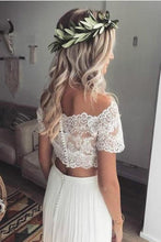 Load image into Gallery viewer, Off Shoulder Lace Top Chiffon Two Piece Beach Wedding Dress With Half Sleeve