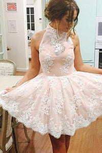 2024 Homecoming Dresses A Line High Neck Tulle With Applique Open Back