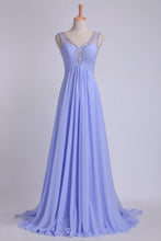 Load image into Gallery viewer, 2024 V Neckline And Deep V Back Chiffon Long A Line Prom Dress With Beaded Tulle Straps