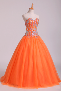 2022 Quinceanera Dresses Ball Gown Sweetheart Beaded Bodice Floor Length Tulle
