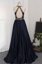 Load image into Gallery viewer, 2022 Sexy Open Back Prom Dresses Scoop Satin With Beads A Line