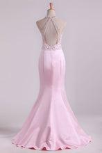 Load image into Gallery viewer, 2022 Halter Floor Length Mermaid Prom Dresses Open Back Satin With Beads &amp; Rhinestones