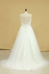 2022 Plus Size A Line Straps Wedding Dresses Tulle With Beading Chapel Train