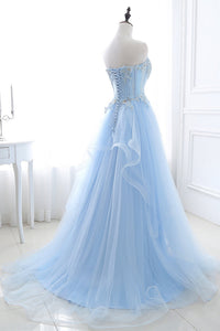 2024 A Line Prom Dresses Sweetheart Tulle With Applique Sweep Train