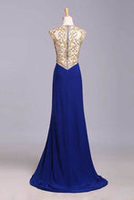 Load image into Gallery viewer, 2022 Scoop Neckline Column Beaded Bodice Prom Dresses With Court Train &amp; Slit