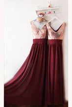 Load image into Gallery viewer, V Neck A Line/Princess Chiffon Sequins Prom Dresses Floor Length