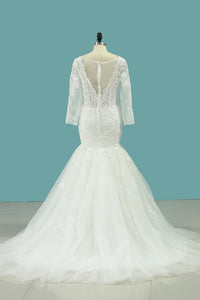 2024 Elegant Mermaid Wedding Dresses Scoop Tulle With Appliques Long Sleeves Zipper Up