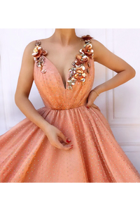 Charming Orange 3D Flowers Long Prom Dresses V-Neck Tulle Cheap Evening Dresses