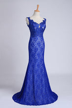Load image into Gallery viewer, 2024 Evening Dresses Bateau Mermaid With Deep V Shape Back Lace&amp;Tulle Dark Royal Blue