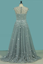Load image into Gallery viewer, 2024 Prom Dresses Mermaid/Trumpet Tulle With Applique And Pearls Sweep Train Detachable
