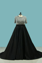 Load image into Gallery viewer, 2024 Scoop Short Sleeves Prom Dresses Satin With Beading Sweep Train