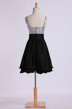 Load image into Gallery viewer, 2022 Prom Dresses Straps A Line Short/Mini Beaded Bodice With Pleated Waistband Chiffon