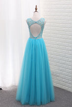 Load image into Gallery viewer, 2022 A Line Tulle Bateau Open Back Beaded Bodice Floor Length Prom Dresses