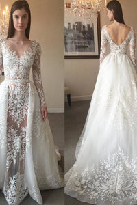 2024 New Arrival Scoop Neck Wedding Dresses See Through Tulle With Applique & Beading Detachable Skirt Long Sleeves