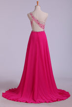 Load image into Gallery viewer, 2022 Prom Dresses A Line One Shoulder With Beading Tulle &amp; Chiffon Sweep Train