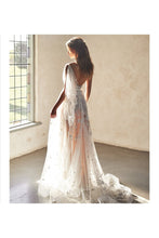 Load image into Gallery viewer, Tulle One Shoulder A Line Wedding Dresses With Appliques Sweep Train