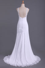 Load image into Gallery viewer, 2022 White Prom Dresses Straps Mermaid/Trumpet Ruffled Bodice Beaded Open Back