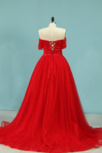 Load image into Gallery viewer, 2022 Off The Shoulder A Line Prom Dresses Tulle With Pearls