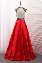 Load image into Gallery viewer, 2022 A-Line Scoop Satin Prom Dresses Tulle Bodice Black Sequins Floor-Length With Pocket