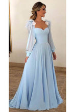 Load image into Gallery viewer, 2024 Sky Blue Long Chiffon Prom Dresses With Sleeves Modest Formal Dress
