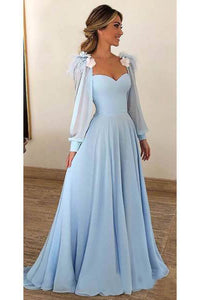 2024 Sky Blue Long Chiffon Prom Dresses With Sleeves Modest Formal Dress
