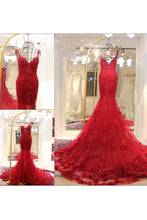 Load image into Gallery viewer, 2022 Spaghetti Straps Tulle Mermaid Prom Dresses With Applique Sweep Train