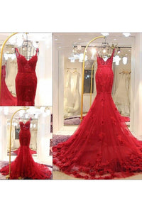 2022 Spaghetti Straps Tulle Mermaid Prom Dresses With Applique Sweep Train