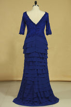 Load image into Gallery viewer, 2022 Dark Royal Blue Mother Of The Bride Dresses Chiffon V Neck With 3/4 Length Sleeves