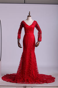 2022 V-Neck Evening Dresses Mermaid With Applique Lace And Tulle